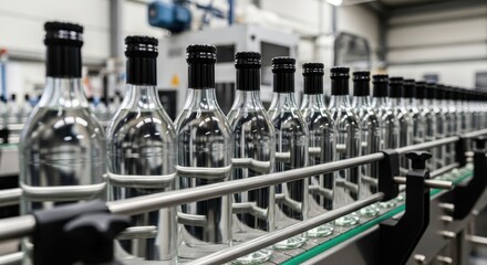 Clear glass bottles moving on an automated production line in a modern factory.