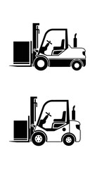 Set of two black and white forklift truck icons shown in profile lifting a cargo box.