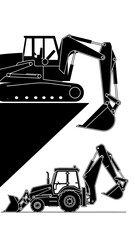 Silhouettes of a tracked excavator and a backhoe loader construction vehicle.