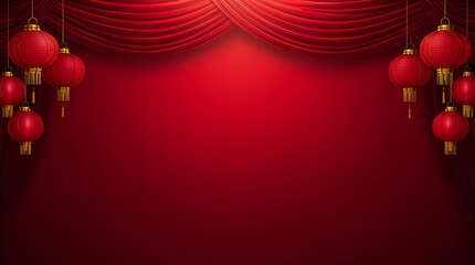 Red chinese lanterns hang under velvet curtains festive celebration background