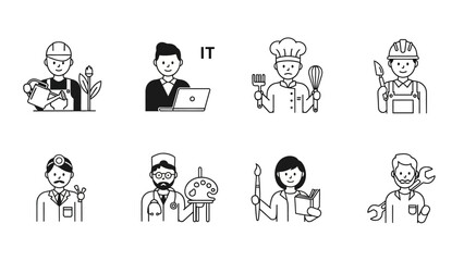 A collection of black and white line art icons depicting various professions and occupations.