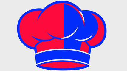 A chef's hat split into vibrant red and blue halves with a white band on a light grey background.