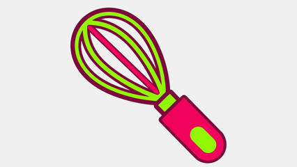 A colorful graphic illustration of a kitchen whisk with a pink handle and green wires.