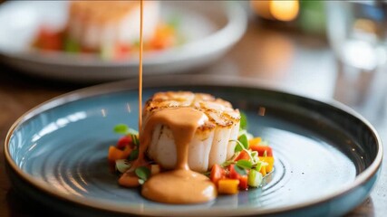 Scallop being drizzled with sauce on a plate with vegetables