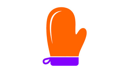 A simple graphic illustration of a vibrant orange oven mitt with a purple cuff on a white background.