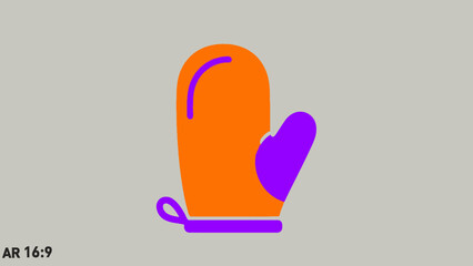 A vibrant orange and purple oven mitt illustration on a plain grey background, depicting kitchen safety and cooking.