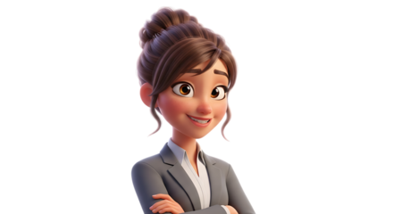 Animated Woman in Business Suit with Hair Bun and Crossed Arms Smiling animation character isolated on a transparent background