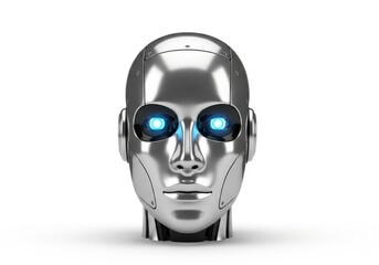 Futuristic metallic humanoid head with glowing blue optical sensors is displayed against a clean white background