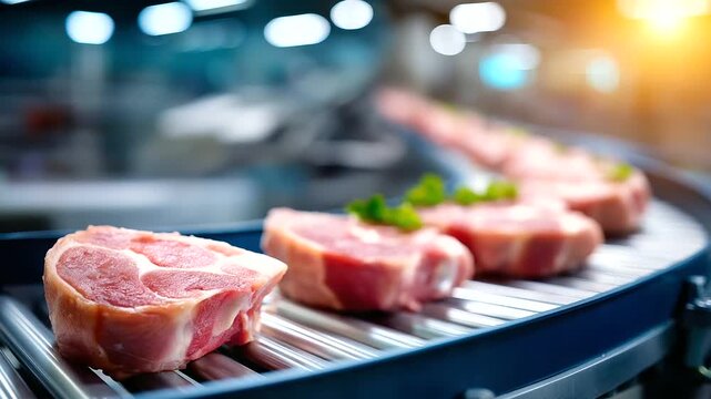 Closeup pork cuts, moving conveyor belt, meat processing facility, daylight operations scene, industrial food production, automated transport system, quality monitoring activity, d