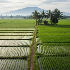 Lush Green Rice Fields with Palm Trees and Mountain Background in Tropical Landscape