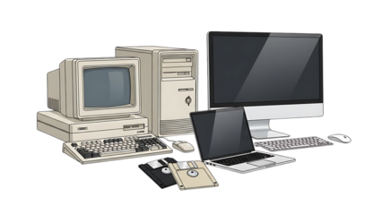 Evolution of Computers: Vintage to Modern Technology Display retro isolated on a transparent background