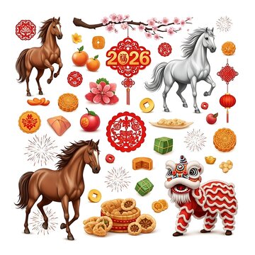 Celebrate Chinese New Year 2026, the Year of the Horse, with this vibrant collection of traditional elements including lion dance, lanterns, cherry blossoms, mooncakes, and lucky coins.