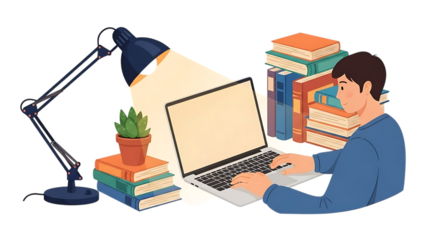 Illustration of a young man studying on a laptop surrounded by books and a desk lamp learning isolated on a transparent background