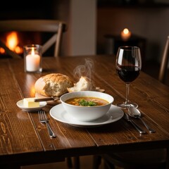 Warm Cozy Dinner Scene with Soup Bread and Glass of Red Wine in Elegant Dining Room