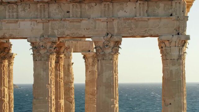 A weathered stone structure displays columns with intricate details beneath a faded top, overlooking a vast, rippling sea