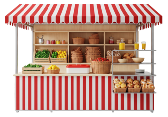A vibrant market stall showcasing fresh produce. The stall is adorned with a red and white striped awning