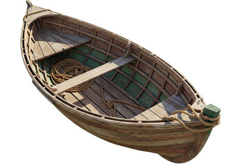 A weathered wooden rowboat, ready for an adventure. The boat sits still with its rope tied ready to sail