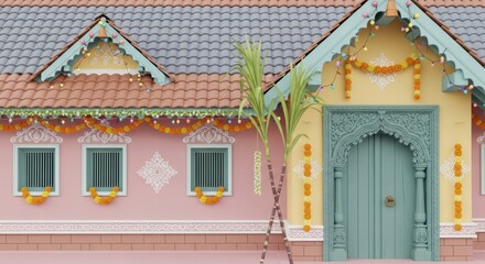 Fototapeta premium Traditional indian home decorated with marigold garlands and sugar cane stalks for harvest.