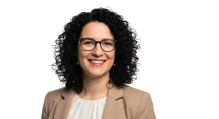 Portrait of a Smiling Woman with Curly Hair and Glasses Wearing a Blazer on Black Background graphic isolated on a transparent background