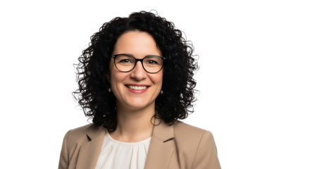 Portrait of a Smiling Woman with Curly Hair and Glasses Wearing a Blazer on Black Background graphic isolated on a transparent background