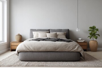 Fototapeta premium Minimalist bedroom with grey upholstered bed and natural decor.