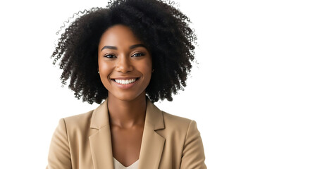 Smiling Black Woman with Curly Hair in Tan Blazer on White Background female adult isolated on a transparent background