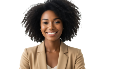 Smiling Black Woman with Curly Hair in Tan Blazer on White Background female adult isolated on a transparent background