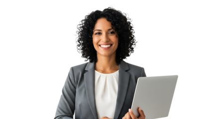 Smiling Woman with Curly Hair in Gray Blazer Holding Laptop on Transparent Background female business isolated on a transparent background