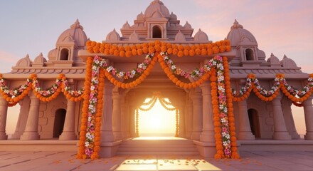 Ornate hindu temple exterior adorned with orange marigold garlands and flower decorations.