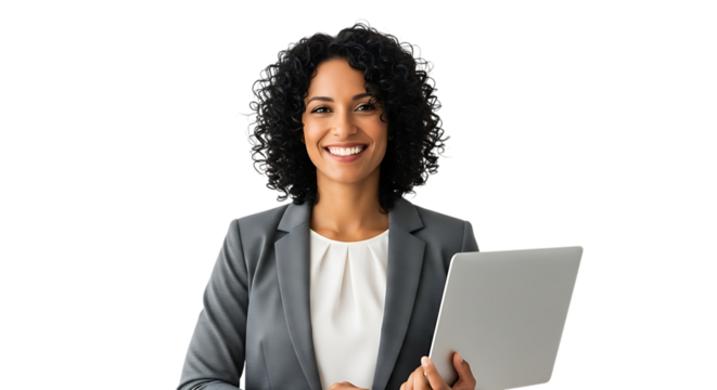 Smiling Woman with Curly Hair in Gray Blazer Holding Laptop on Transparent Background female business isolated on a transparent background - Powered by Adobe