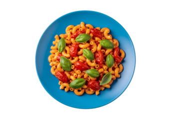 A vibrant plate of pasta with fresh ingredients, ready to eat. A bright blue plate showcases the flavorful composition of the pasta dish.