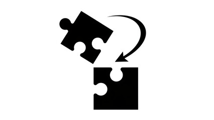 White Outline of Puzzle Piece Connecting with Arrow on Black Background jigsaw connection isolated on a transparent background