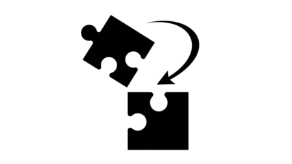 White Outline of Puzzle Piece Connecting with Arrow on Black Background jigsaw connection isolated on a transparent background