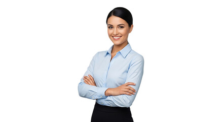 Woman in Blue Shirt and Black Skirt with Arms Crossed Smiling on White Background female adult isolated on a transparent background