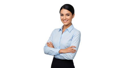 Woman in Blue Shirt and Black Skirt with Arms Crossed Smiling on White Background female adult isolated on a transparent background
