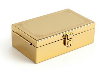 Rectangular container crafted from polished golden material rests on a pure white surface.