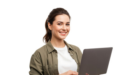 Woman in Olive Green Shirt Holding Laptop Smiling on Transparent Background female business isolated on a transparent background