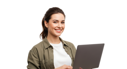Woman in Olive Green Shirt Holding Laptop Smiling on Transparent Background female business isolated on a transparent background