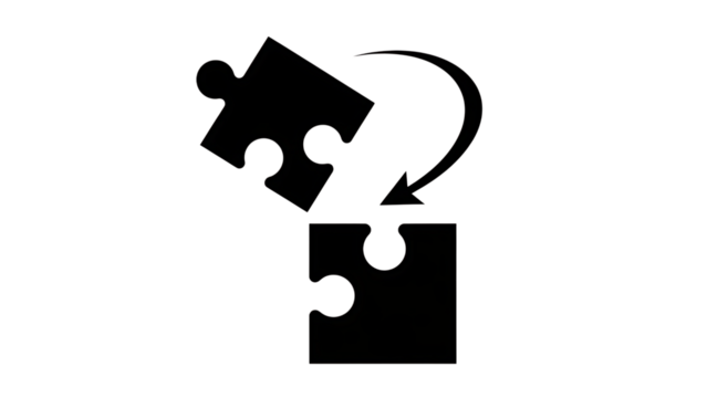 White Outline of Puzzle Piece Connecting with Arrow on Black Background jigsaw connection isolated on a transparent background - Powered by Adobe