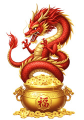 Fototapeta premium A majestic red dragon standing atop a pot of gold, a symbol of prosperity and good fortune