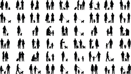 Family and pet silhouettes collection showing parents, children and dogs walking, holding hands, traveling, caring and daily life interaction scenes