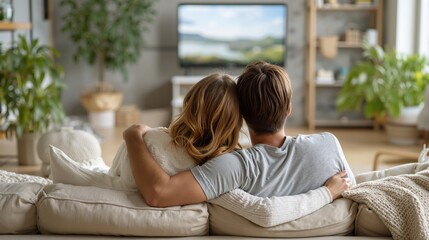 Family couple relaxing together on sofa watching tv in bright living room with indoor plants and natural light