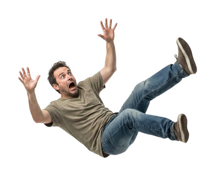 Man falling backwards and screaming. Accident fear concept