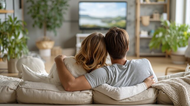 Family couple relaxing together on sofa watching tv in bright living room with indoor plants and natural light - Powered by Adobe