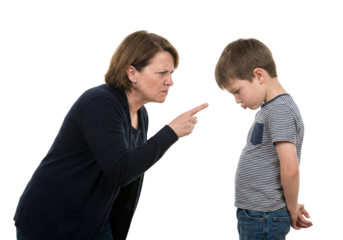 Mother scolding sad son with pointing finger. Family discipline