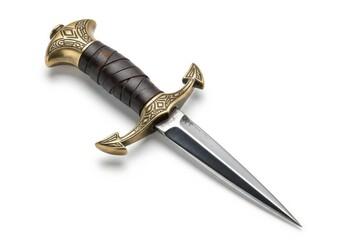 Ornate bronze and leather handled dagger rests angled on a clean white background