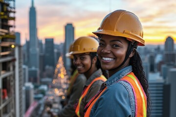 African american women, female construction workers smiling on skyscraper at sunset with city skyline in background