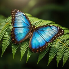 Blue Butterfly Resting on Green Fern in Natural Environment