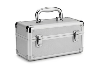 Metallic rectangular portable container with a sturdy handle and secure clasps rests on a white background.