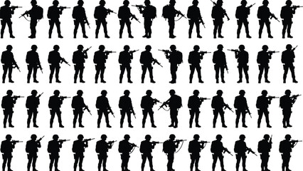 Military soldier silhouettes collection showing armed troops with rifles in multiple combat stances, tactical positions, patrol duty and defense actions isolated
